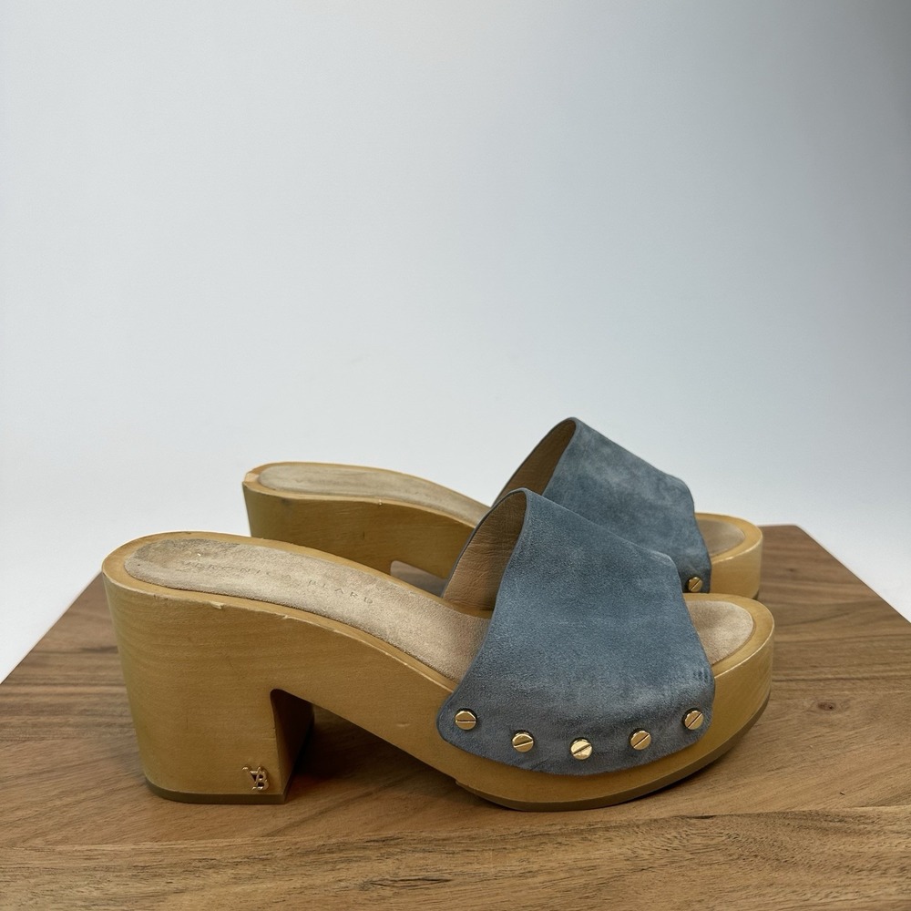 Womens Veronica Beard Hannalee‎ Blue Suede Wooden Platform Heel Sandals Size 8.5
